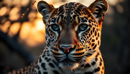 Obraz premium Close-up photography of a leopard's face, displaying its beautifully patterned fur, with a softly lit evening setting, creating a tranquil atmosphere.