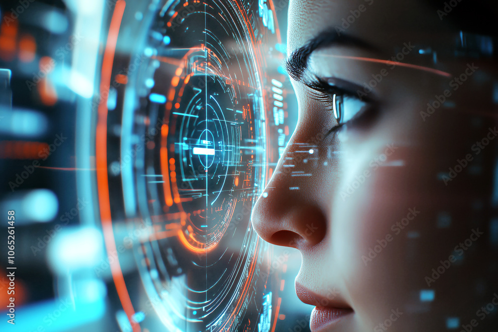 Aufkleber side view of a person looking into a retinal scanner, with futuristic holographic interface displayi