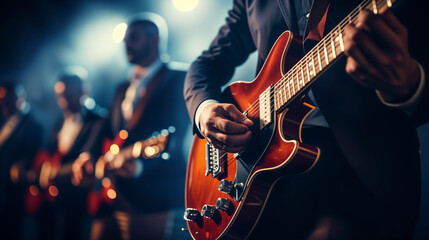 Fototapeta premium Guitarist Plays Electric Guitar on Stage During a Live Music Performance. Music, Concert, Band.