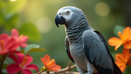 Fototapeta premium Grey parrot with a hooked beak perched on a branch in front of vibrant colorful flowers creating