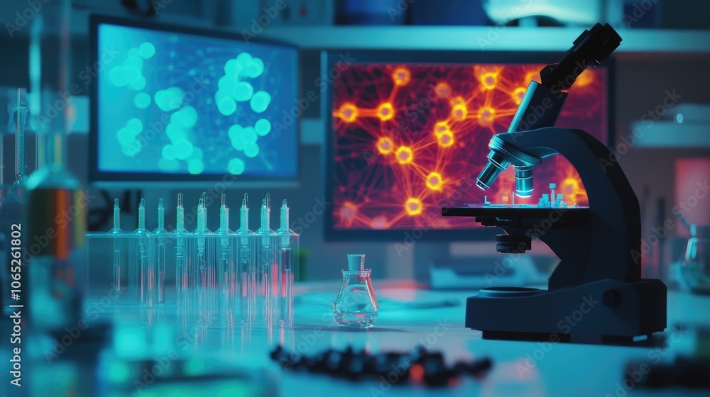 Poster laboratory scene with microscope and computer screens