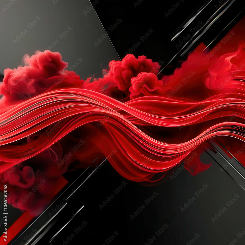 Poster A red and black abstract painting with a red line that is curving and flowing