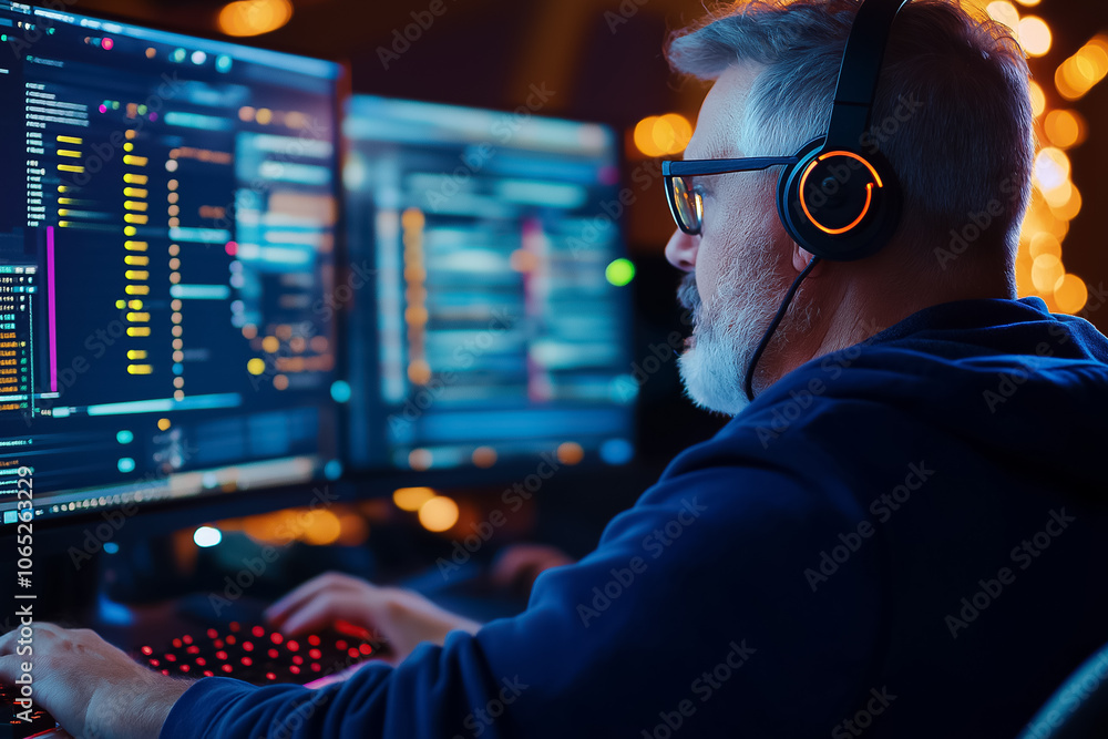 Poster a senior programmer engaged in coding while wearing headphones in a cozy workspace with glowing scre