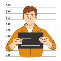 Criminal mugshot vector isolated. Male character holding board. Taking picture of person after arrest.