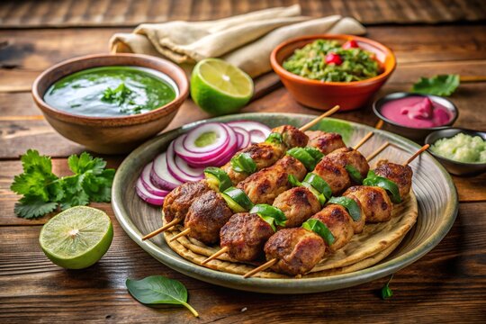 Shik Kabab or Kebab with vegetables, ruti, Generative AI