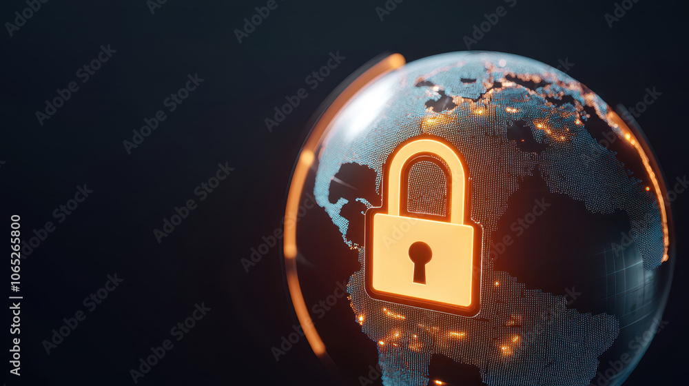 Poster global data security concept featuring a lock symbol over a digital globe, representing cybersecurit