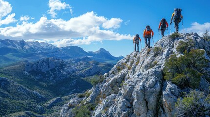 Adventurous hikers traverse rocky terrain under a vibrant sky in the mountains during daylight hours. Generative AI