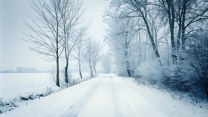 Obraz premium In a winter landscape, a road covered in snow and trees covered in snow