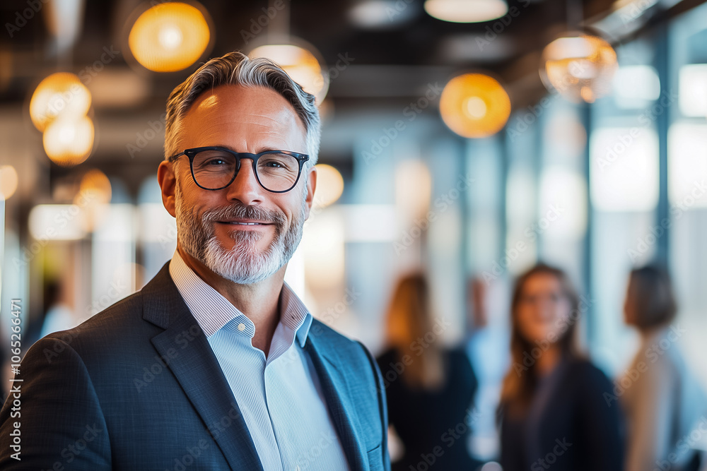 Aufkleber a well-dressed professional engages with others at a lively networking event in a bright office sett