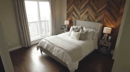 Fototapeta premium Cozy Modern Bedroom with Elegant Wood Accent Wall