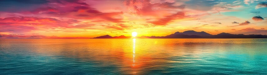 Fototapeta premium Stunning Panorama of a Colorful Sunset Over a Calm Ocean, Capturing Nature's Beauty with Vibrant Skies and Reflective Waters