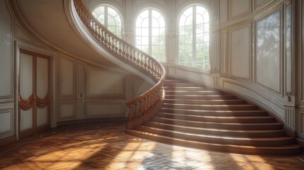Obraz premium Elegant spiral staircase bathed in sunlight within a grand historic building during early morning hours. Generative AI