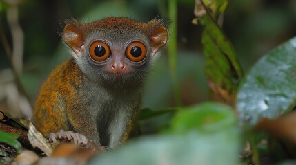 Fototapeta premium A tiny tarsier with large eyes stares at the camera from a jungle setting.