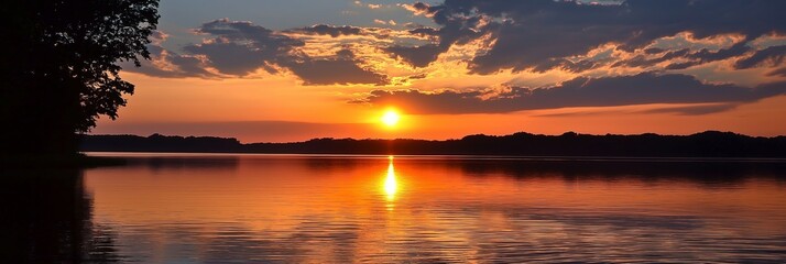 Obraz premium A stunning sunset casting vibrant colors over a tranquil lake, with dramatic clouds reflecting in the water.