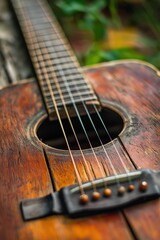 Fototapeta premium A detailed shot of a vintage acoustic guitar showcasing its classic wooden strings and bridge.