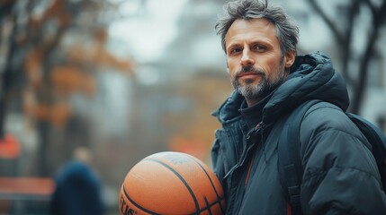 A man with a basketball in a park setting.