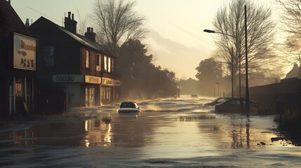 Fototapeta premium Flooded streets with submerged cars at sunset, creating a haunting atmosphere.