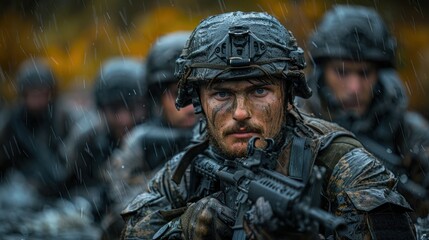 Obraz premium Soldiers in rugged terrain prepare for a mission under rain, showcasing determination and resilience in challenging conditions. Generative AI