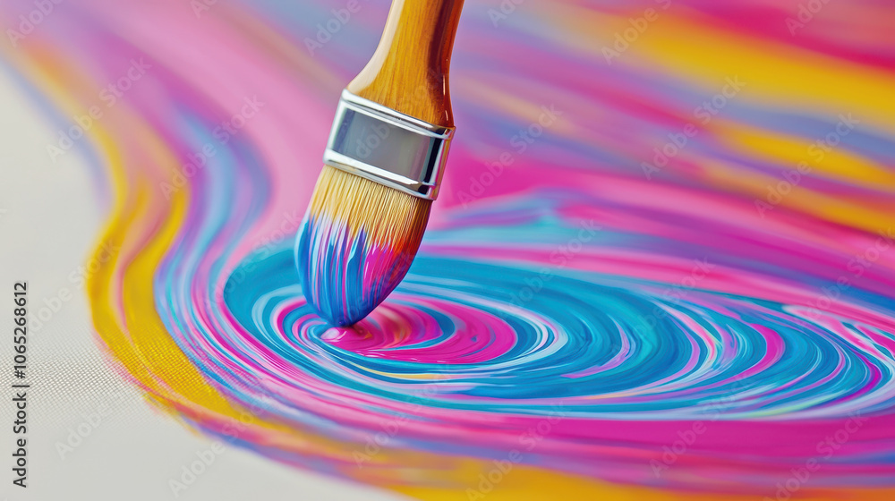Poster A colorful paint swirl with a brush creating vibrant patterns, showcasing artistic creativity and expression in motion.