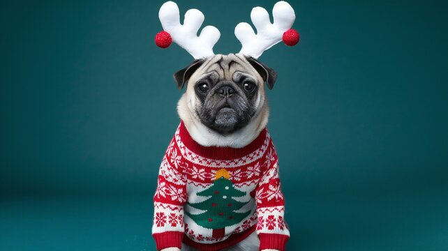 Adorable Pug Dog Wearing Christmas Sweater and Antlers