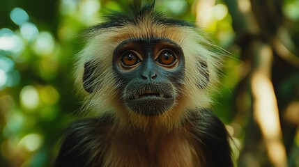 Obraz premium A close-up portrait of a young monkey with big eyes, looking directly at the camera.