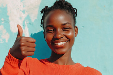 A person giving a thumbs up, smiling confidently, plain background