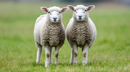 Obraz premium Two adorable sheep standing together in a lush green field.