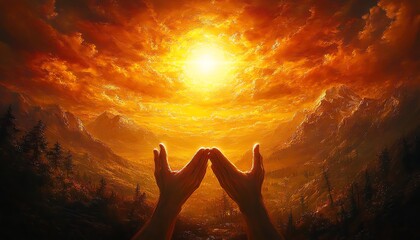 Hands stretching upwards, grasping a glowing sun, with rays of light illuminating a serene landscape, representing hope and faith