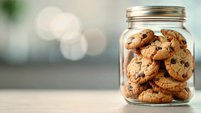 Glass Jar Filled with Homemade Chocolate Chip Cookies on a Blurred Background - Food Photography, Baking, Freshness, Comfort Food, Close-Up, Soft Light, Delicious Treats, Cozy Kitchen Vibes