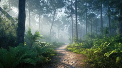 Obraz premium Tranquil Forest Pathway in Morning Light