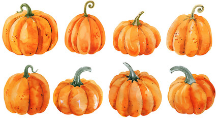 Pumpkin set on white isolated background, autumn harvest, watercolor drawings. pumpkin set watercolor illustration