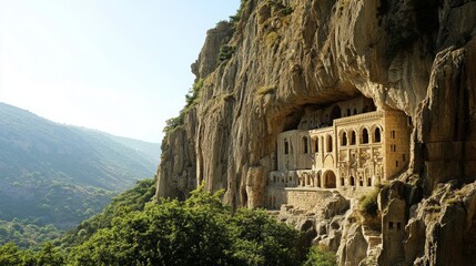 Naklejka premium Ancient Cliffside Monastery Surrounded by Lush Greenery