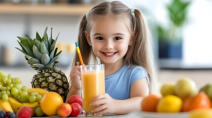 Obraz premium Delighted Girl Enjoying a Healthy Fruit Smoothie with Fresh Produce