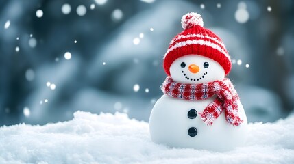 Obraz premium Cheerful snowman in a red hat and scarf, surrounded by falling snowflakes.