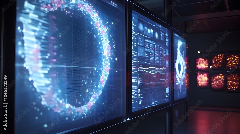 Aufkleber futuristic bioinformatics data displayed on transparent digital screens