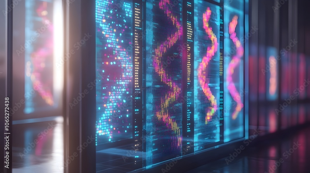 Poster futuristic transparent screens showcasing bioinformatics data and intelligence insights