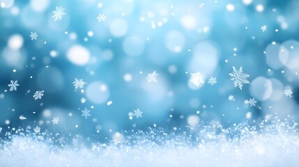 A serene winter scene with falling snowflakes on a soft blue background.