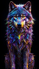Wolf portrait with colourful painting style design to black background 