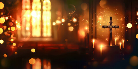 Obraz premium A church with a lit cross and candles