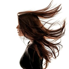 Fototapeta premium Beautiful brunette woman with long hair waving in the wind is posing in studio on white background