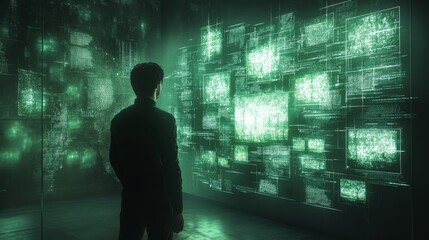 A Silhouetted Figure Stands Before a Wall of Green Digital Data