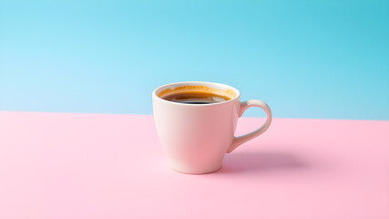 Fototapeta premium Cup of coffee on pink and blue pastel background with copy space