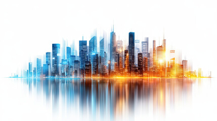 Fototapeta premium vibrant city skyline with modern skyscrapers reflecting in water, showcasing blend of blue and orange hues. scene evokes sense of energy and urban life