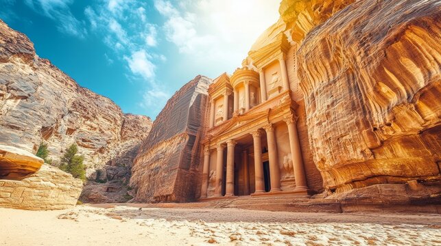 Majestic Facade of Al-Khazneh in Petra, Jordan Under Bright Blue Sky
