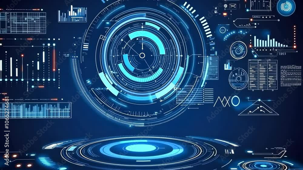 Aufkleber a glowing blue digital interface with concentric circles and data visualizations, set against a dark
