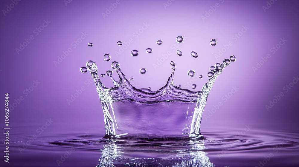 Poster captivating purple splash of water creating droplets in serene setting. vibrant color and dynamic mo