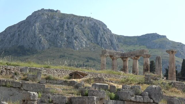 Archaic temple  of Apollo ruins in Ancient Corinth, Peloponnese, Greece