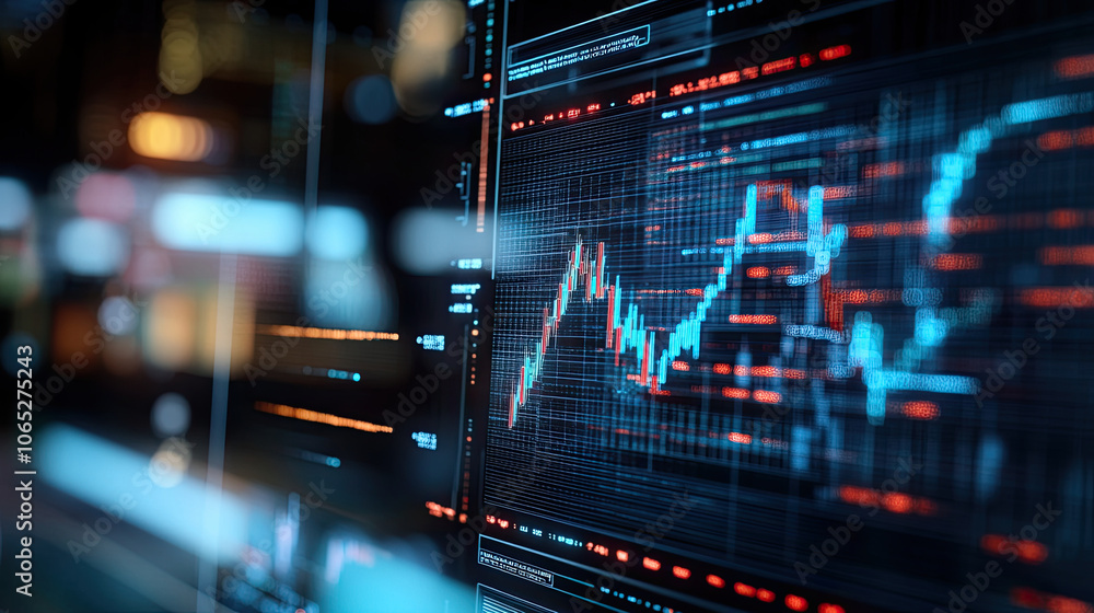 Aufkleber digital financial chart displaying stock market trends and data analysis, showcasing vibrant colors 