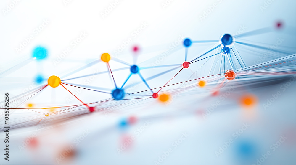Poster conceptual diagram of portfolio optimization with colorful nodes and connections, representing data 