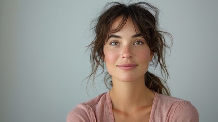 Fototapeta premium A young woman with natural beauty and soft features smiles warmly against a light gray background. Generative AI